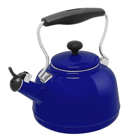 dark blue tea kettle.